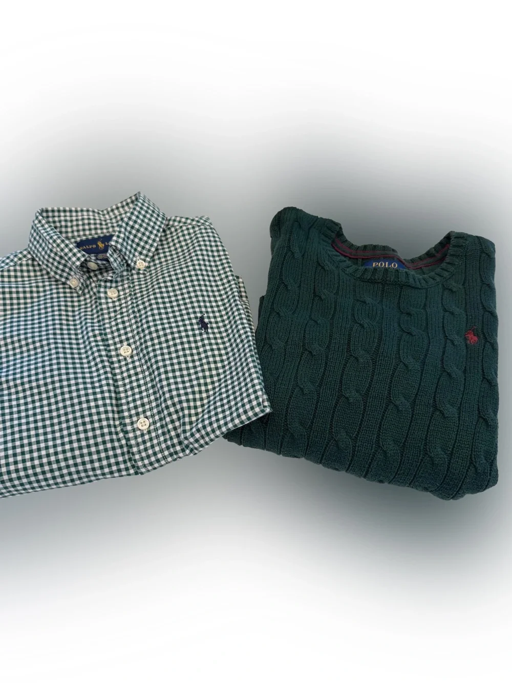 Polo Ralph Lauren Boys 2 PCS Set Green Cable Knit & Checkered Shirt Sz 5
